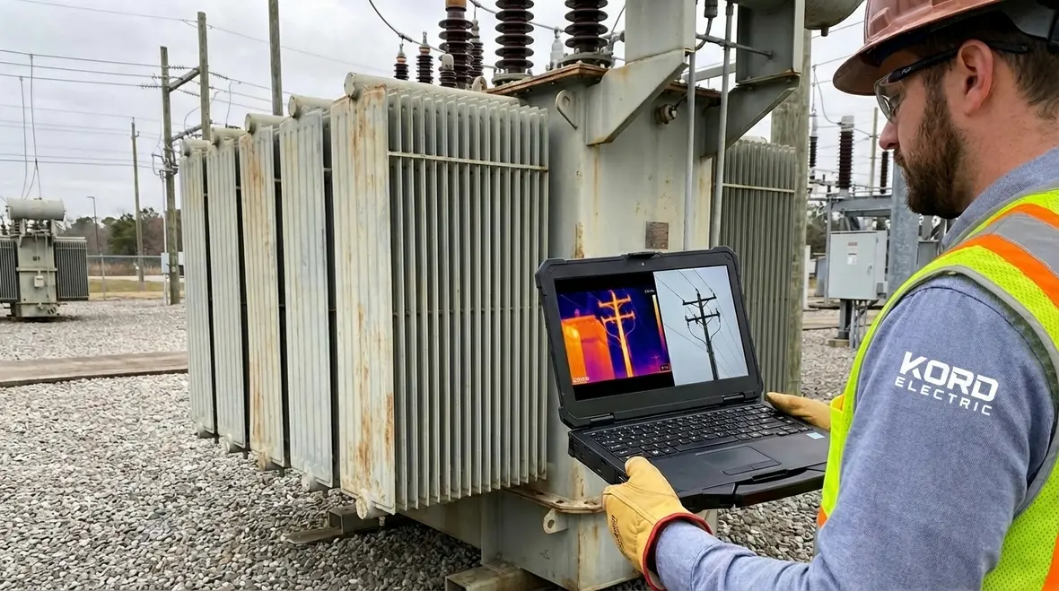 Facility manager reviewing thermal imaging report for large commercial building