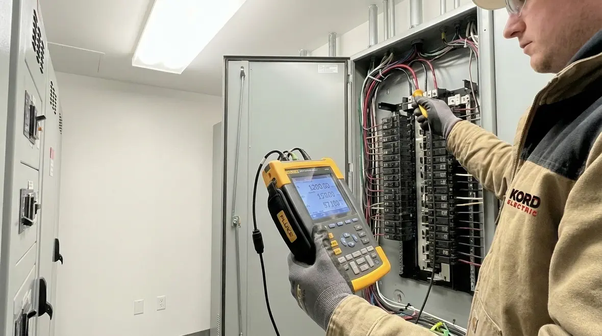 Technician analyzing electrical interference and power quality in a commercial facility
