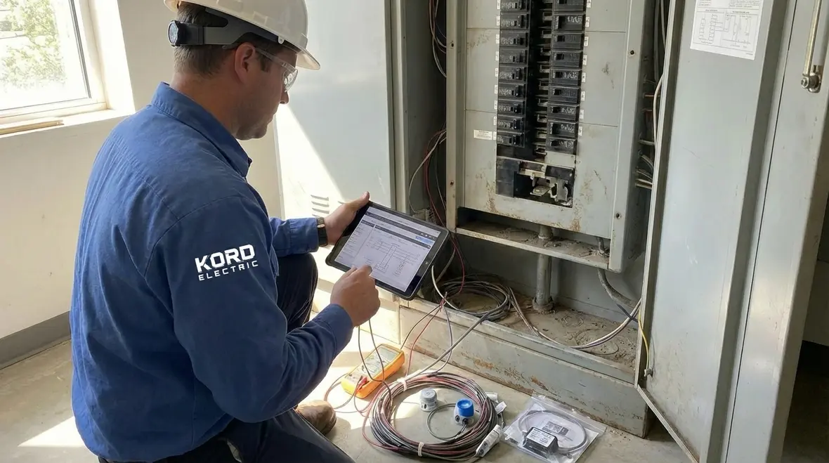 Kord Electric technicians troubleshooting electrical interference in a large facility