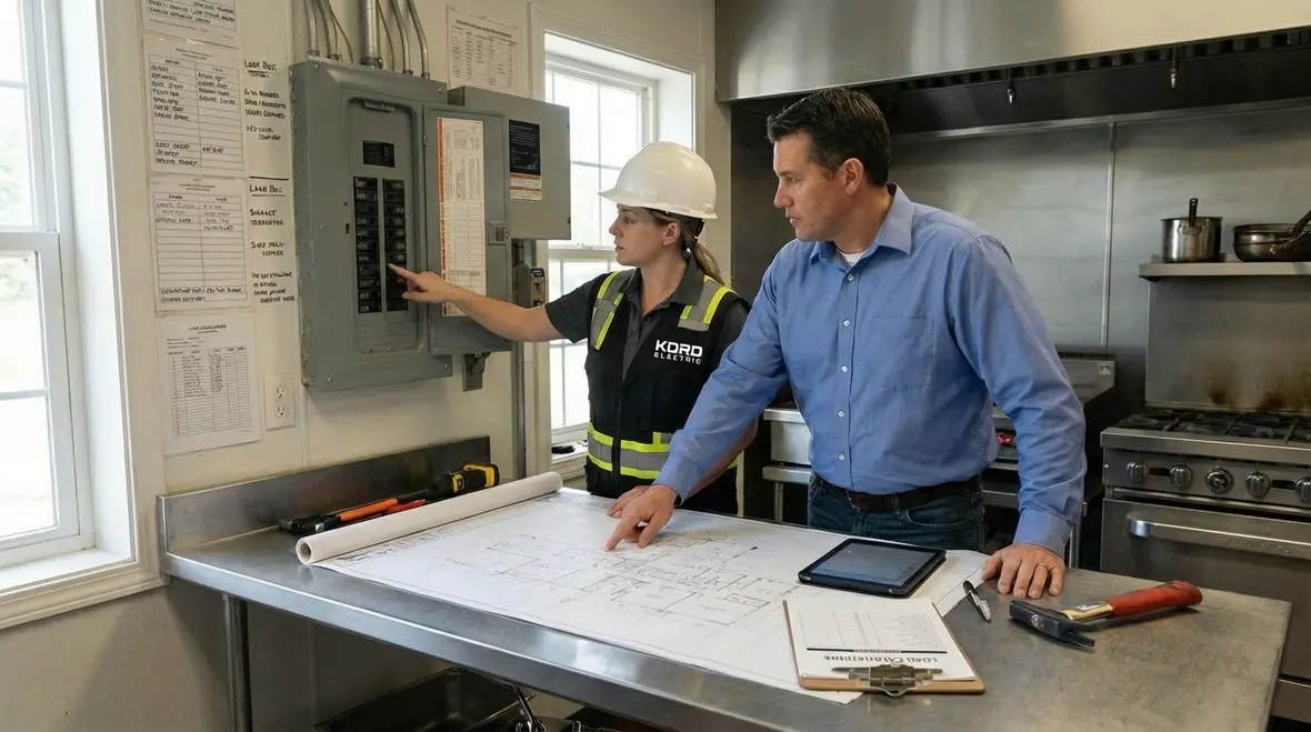 Commercial kitchen during electrical remodel with new wiring and appliance circuits