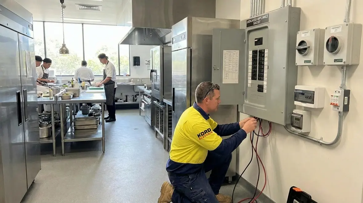 Technician organizing commercial kitchen wiring inside an electrical panel