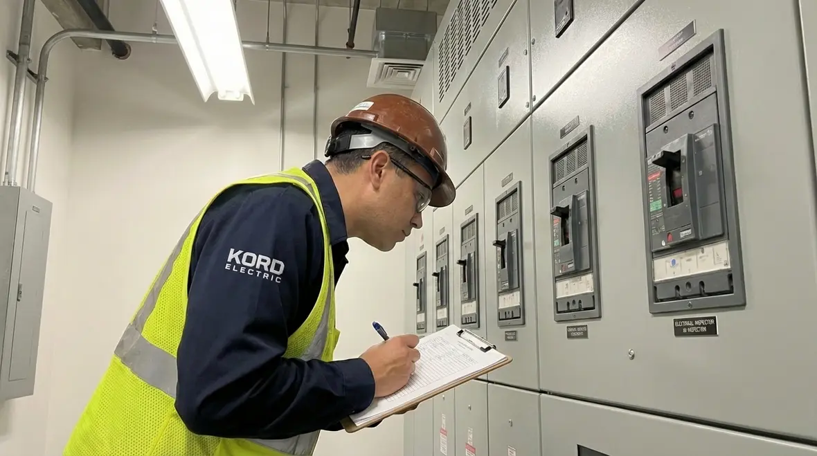 Engineers reviewing commercial electrical drawings for permits