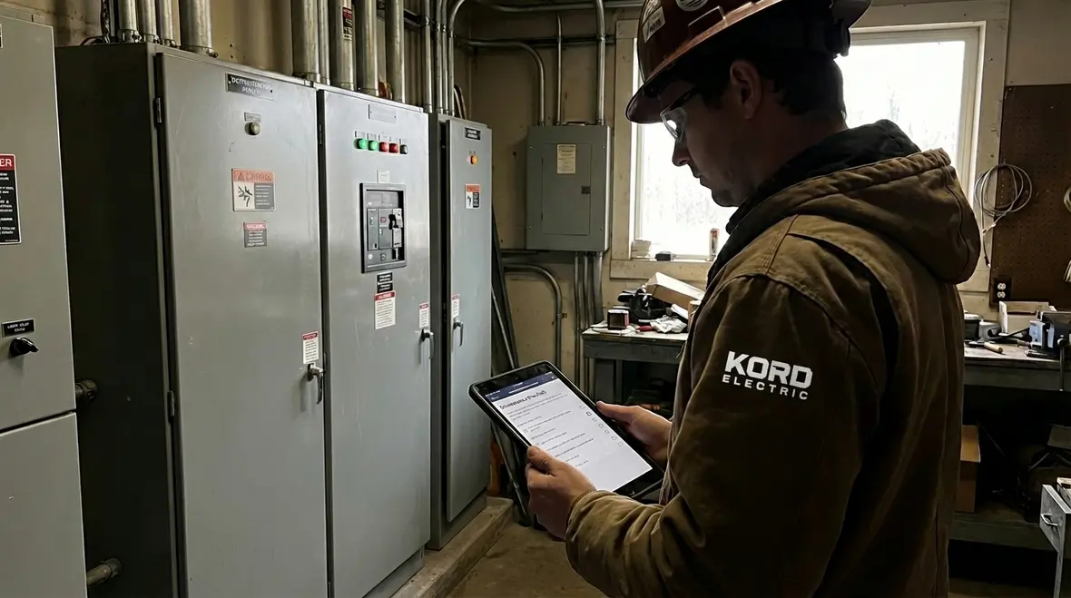 Commercial electrician performing preventive maintenance on an electrical panel