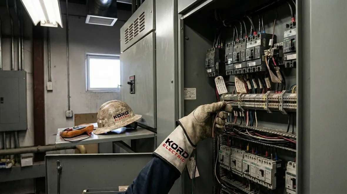 Industrial electrical room showing panels, switchgear, and maintenance access