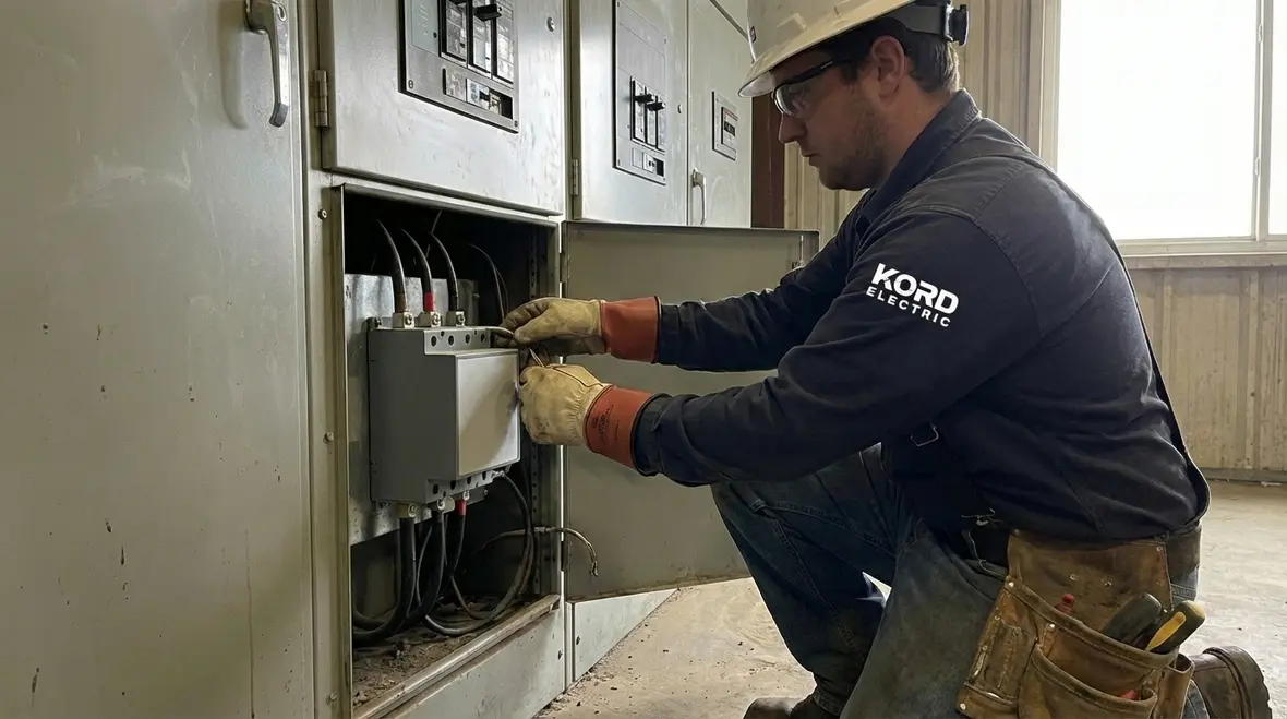 Electrician installing surge protection at a commercial service entrance
