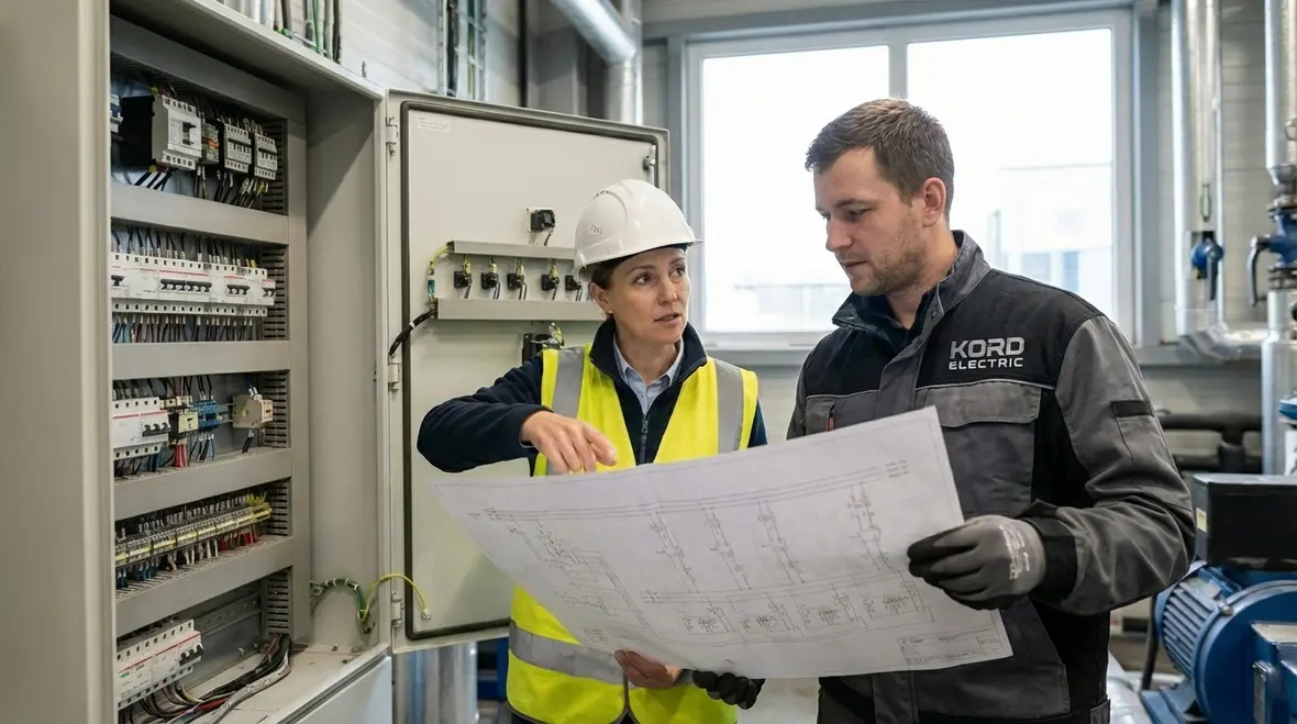 Kord Electric technician explaining surge protection to a facility manager