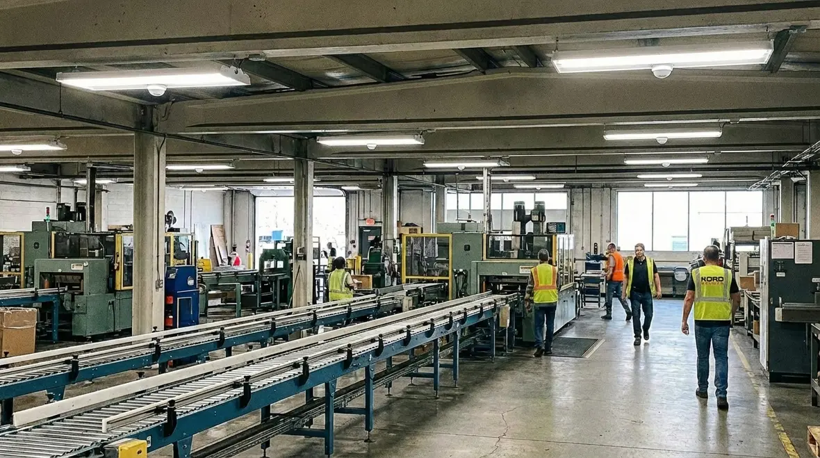 Technician installing LED retrofit fixture in a commercial ceiling