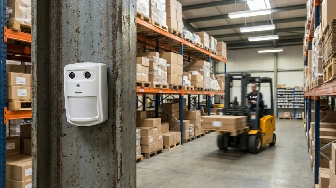 Facility manager reviewing energy saving reports from motion lighting system