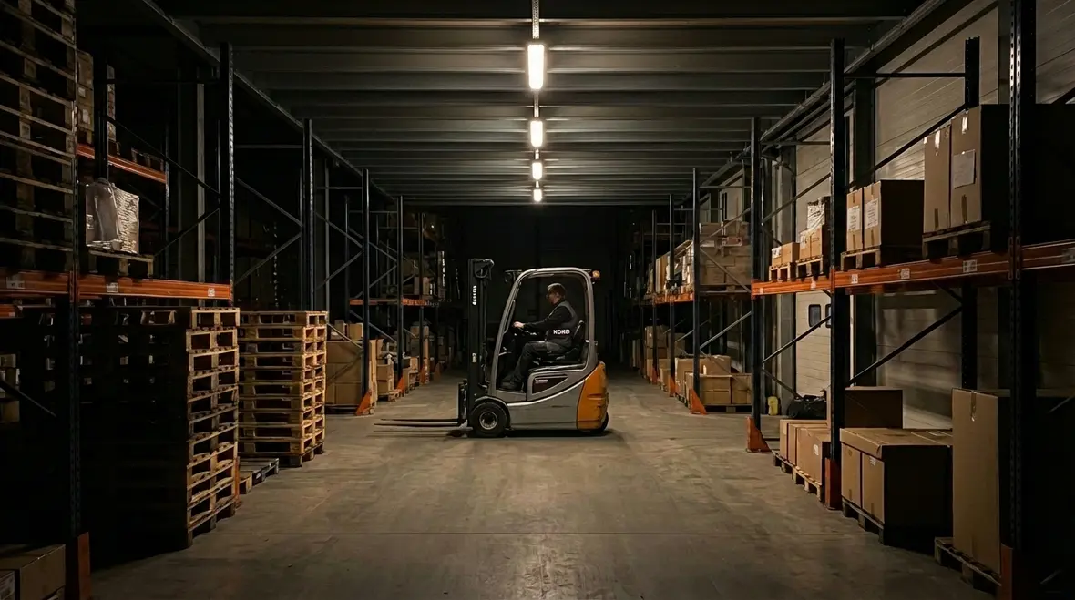 Technician configuring commercial motion sensor lighting in an industrial facility