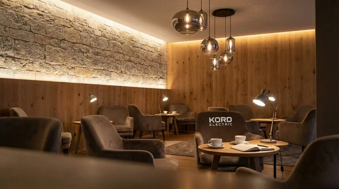 Layered interior lighting in a commercial living room space