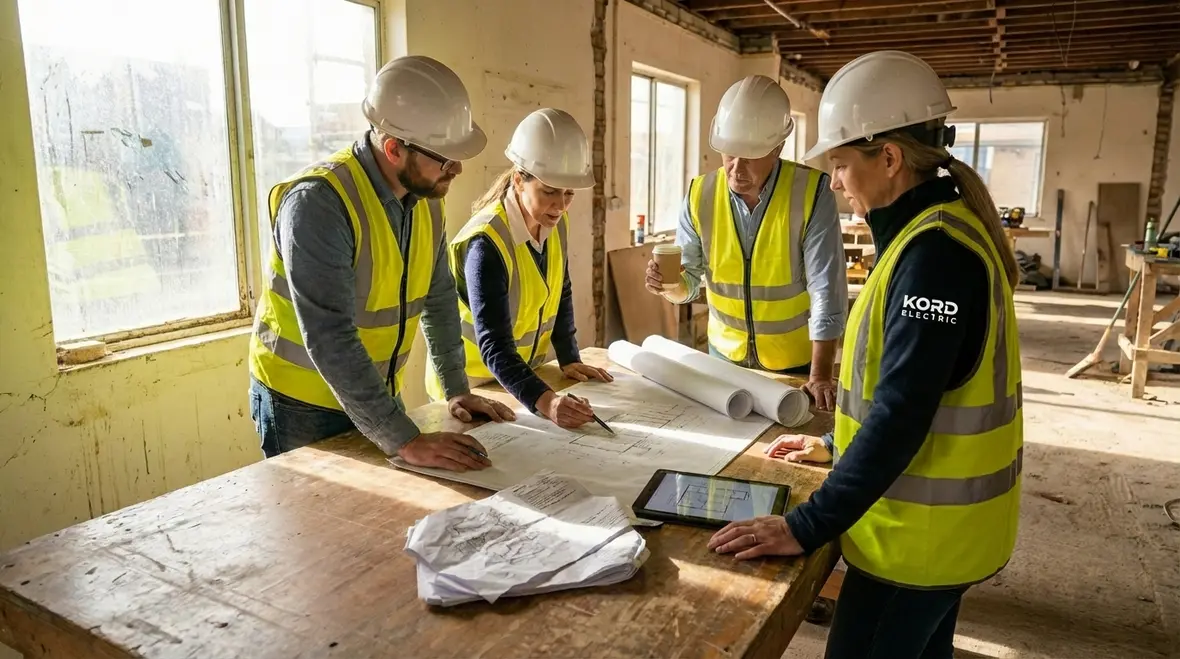 Engineers reviewing commercial electrical plans before wiring begins