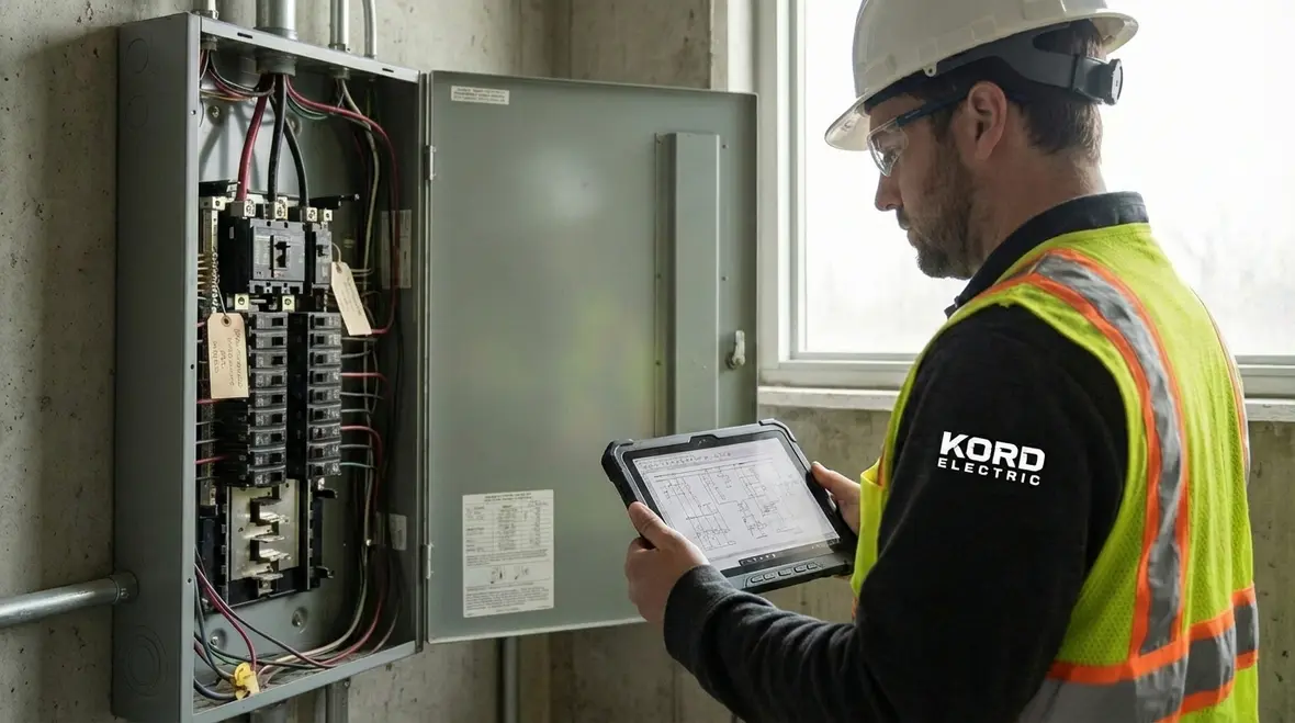 Technicians reviewing NEC compliance in commercial electrical room