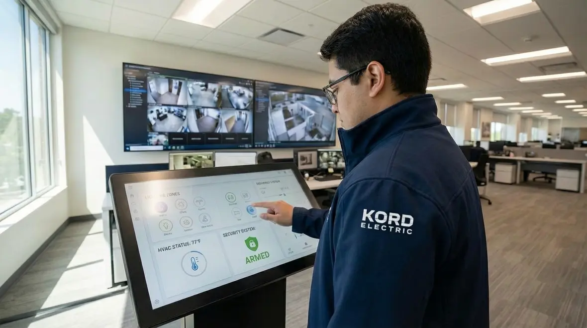 Facility manager reviewing lighting automation dashboard