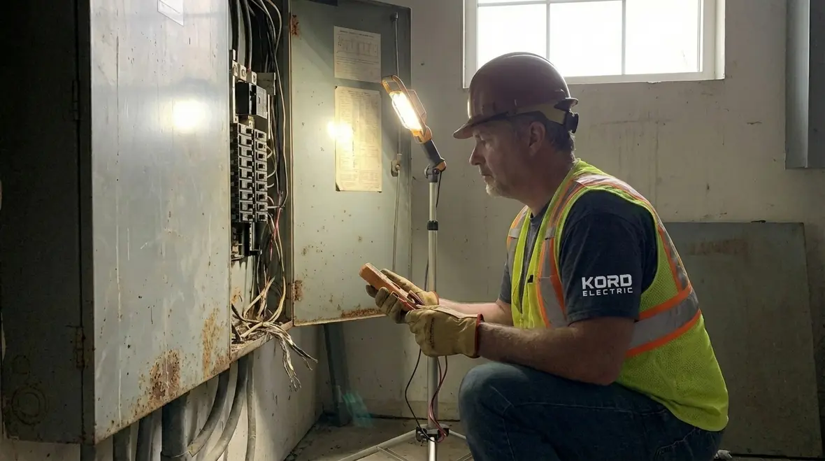 Aging commercial electrical panel showing visible wear, illustrating old panel risks