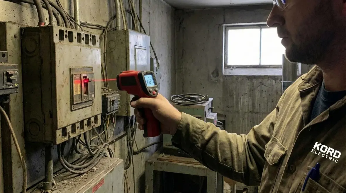 Technician inspecting an outdated electrical panel in a commercial building