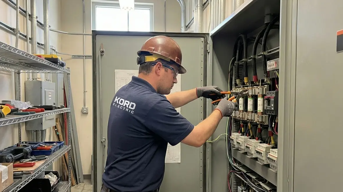 Technician performing fuse box replacement in an industrial electrical room