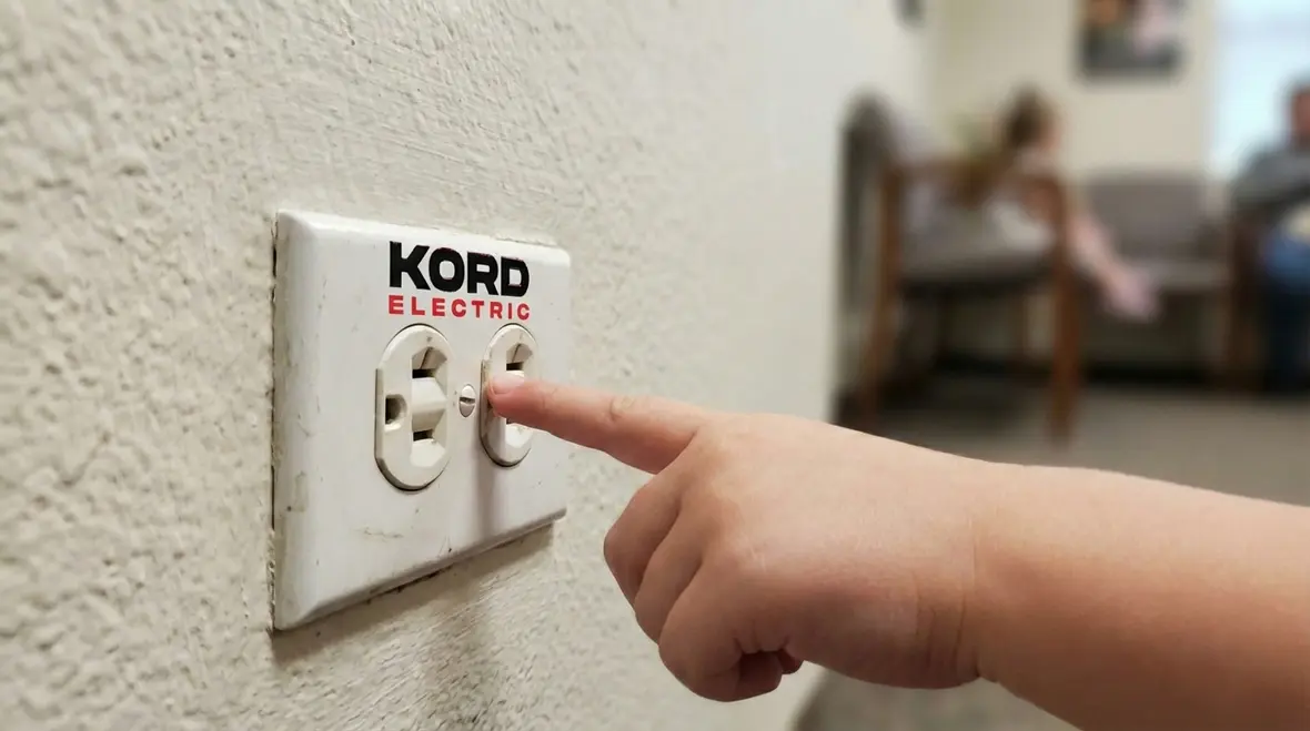 Close-up of tamper resistant outlet in a commercial hallway