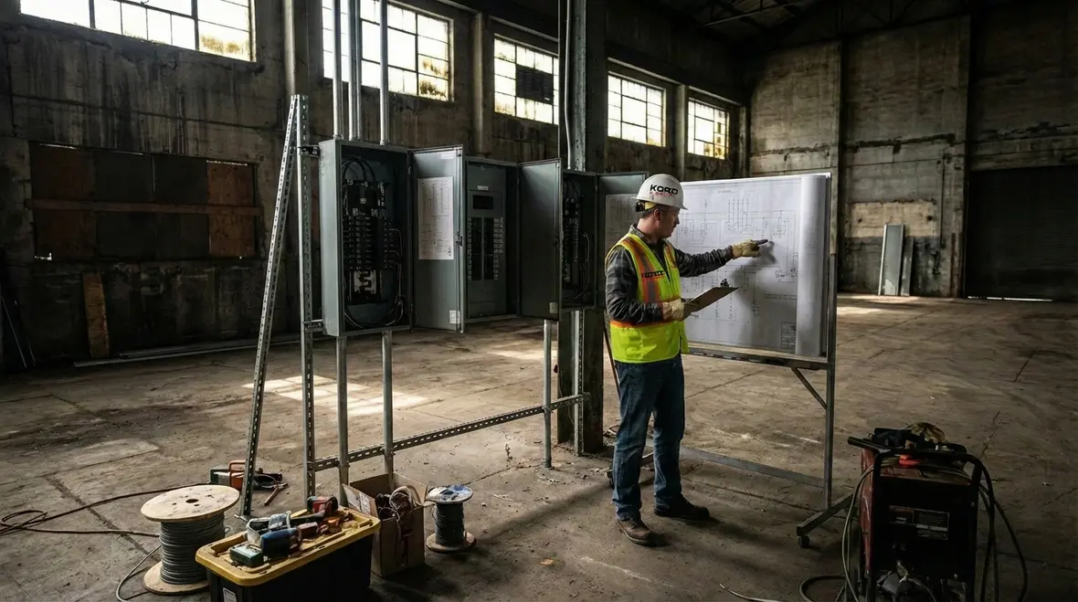 Planning meeting for commercial outlet upgrade with electrical drawings and load analysis