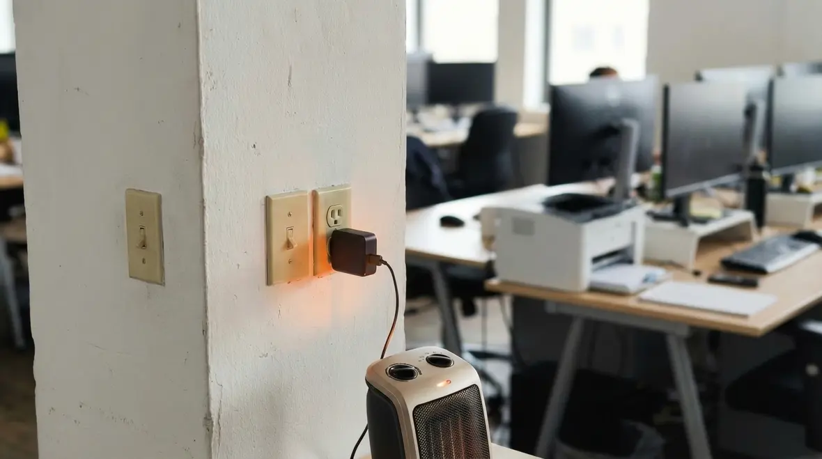 Technician inspecting commercial electrical outlets during an upgrade in Los Angeles facility
