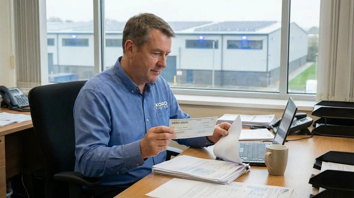 Facility manager reviewing energy rebate paperwork for LED upgrade