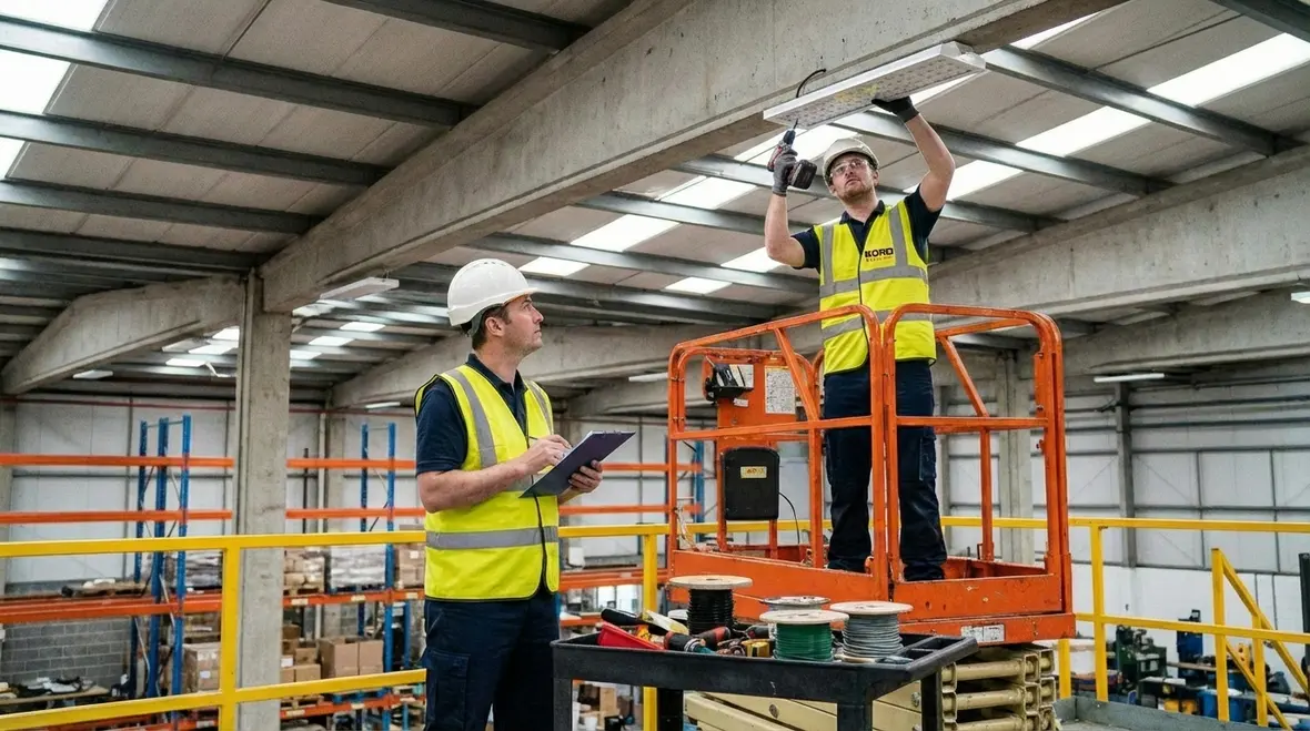 High bay LED fixtures and controls in an industrial warehouse