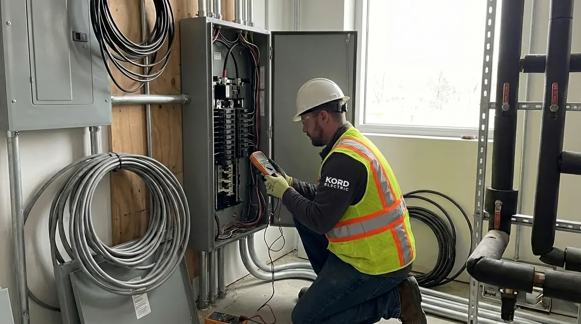 Electrician checking commercial HVAC electrical panel and breakers