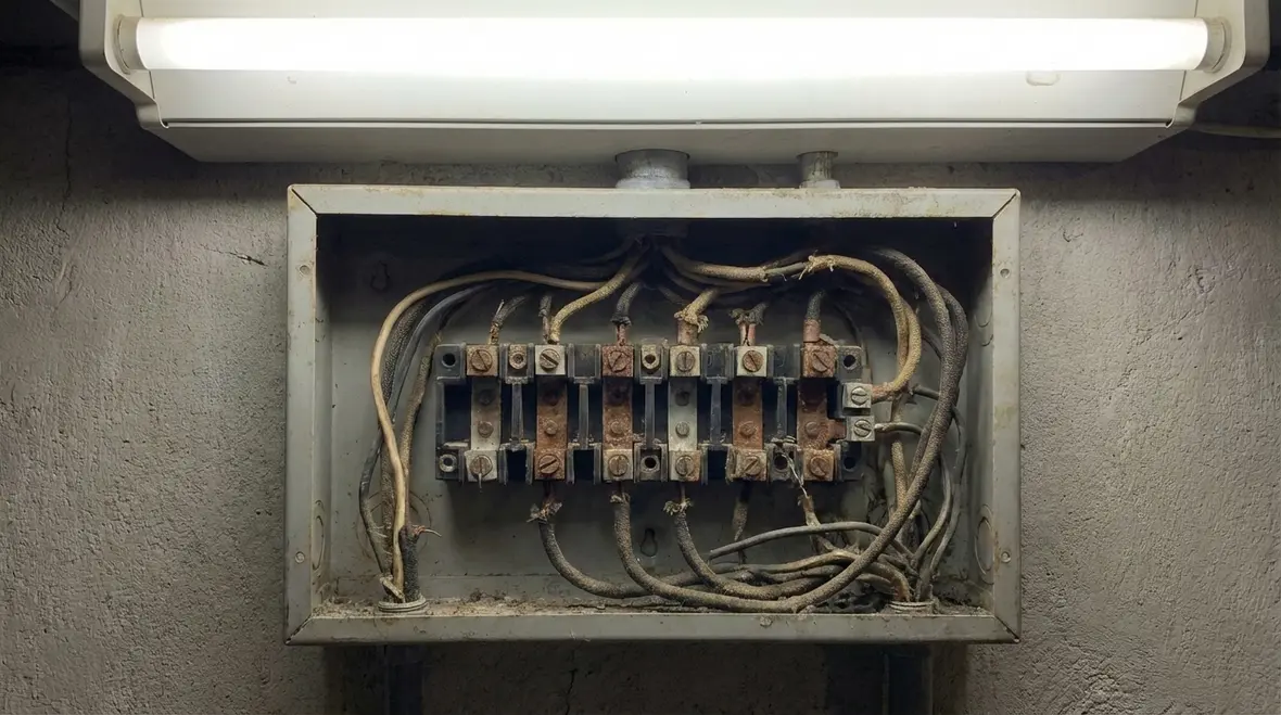 Licensed commercial electrician inspecting a high capacity electrical panel