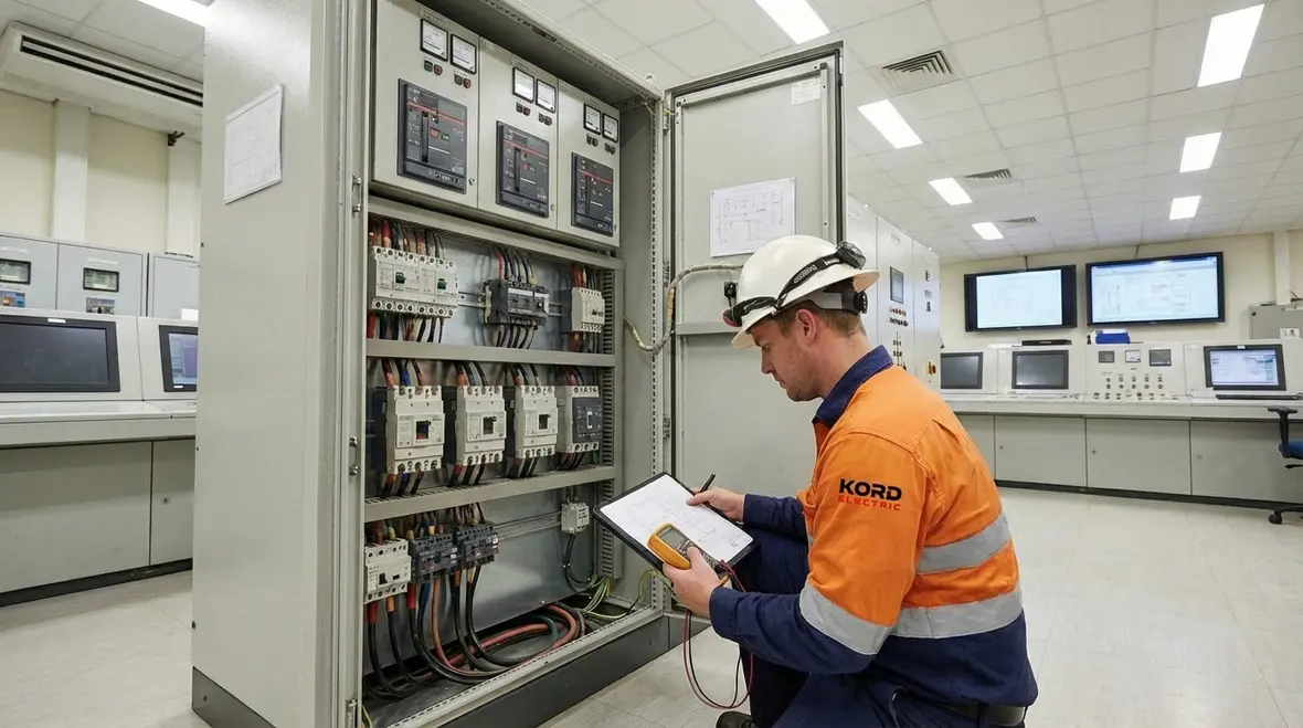Electrician performing emergency panel diagnostics in a commercial facility