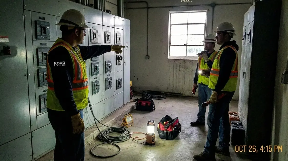 Kord Electric emergency response team working on commercial electrical gear