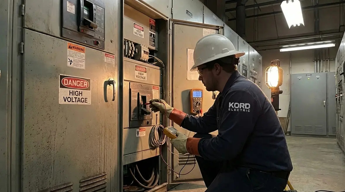 Electrician testing commercial electrical panel under load