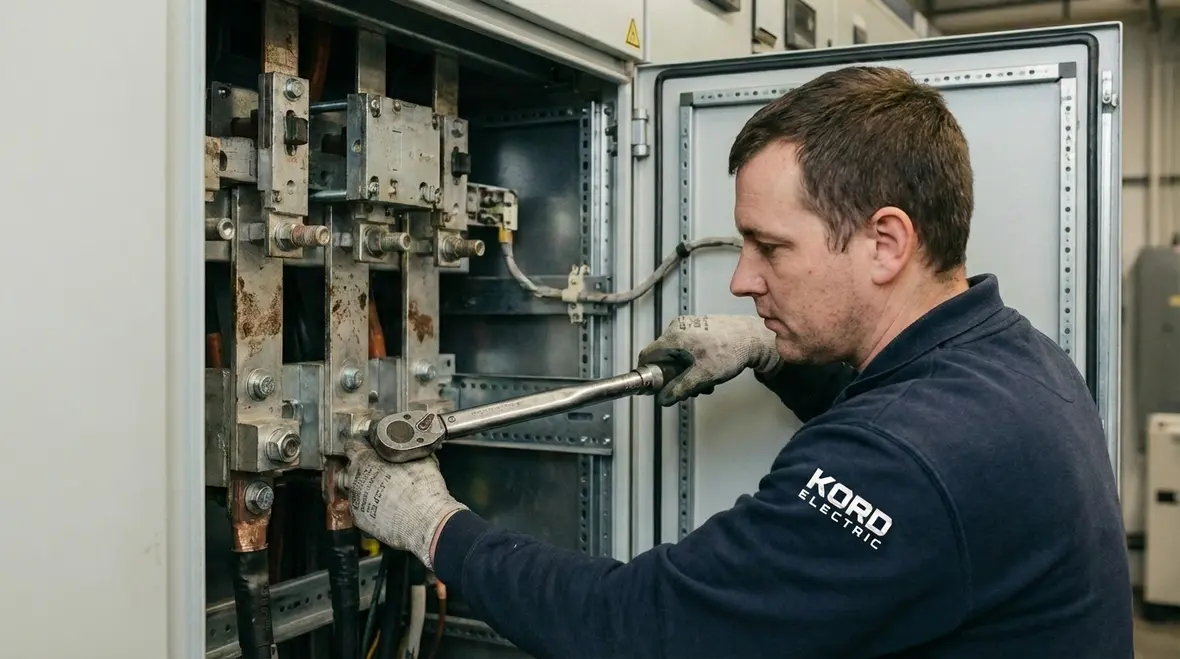 Commercial electricians troubleshooting power issues in a large building