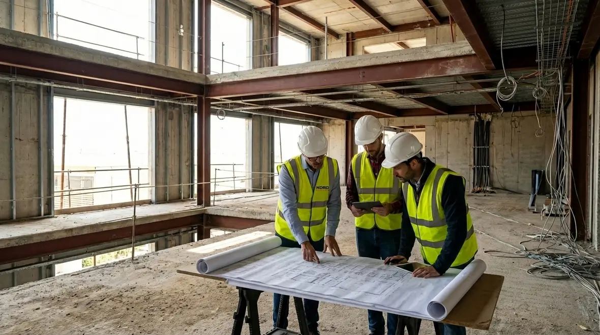 Engineers reviewing new construction electrical system design plans on site