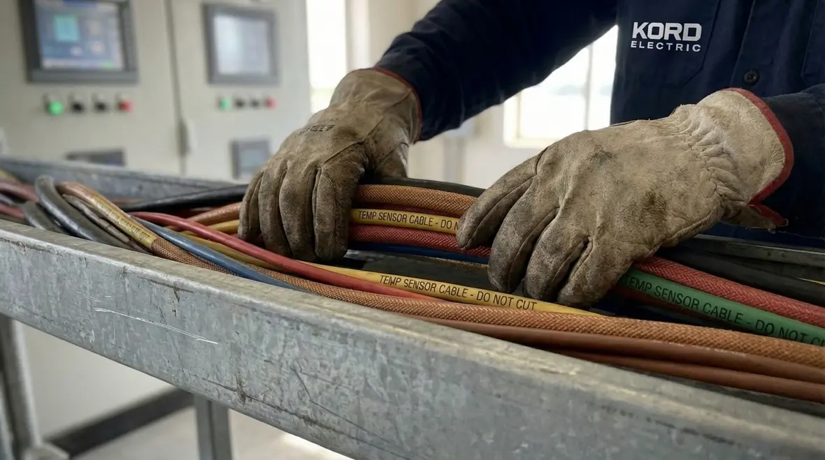 Motor control center lineup with labeled sections and components