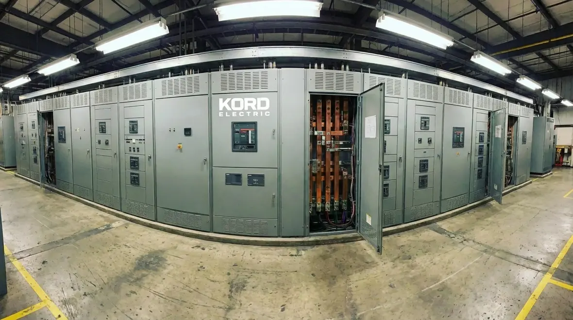Technician inspecting motor controls and industrial wiring in a commercial facility