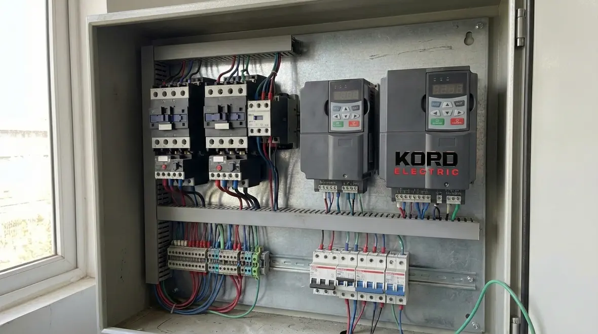 Industrial wiring routes and conduit layout in a commercial electrical room