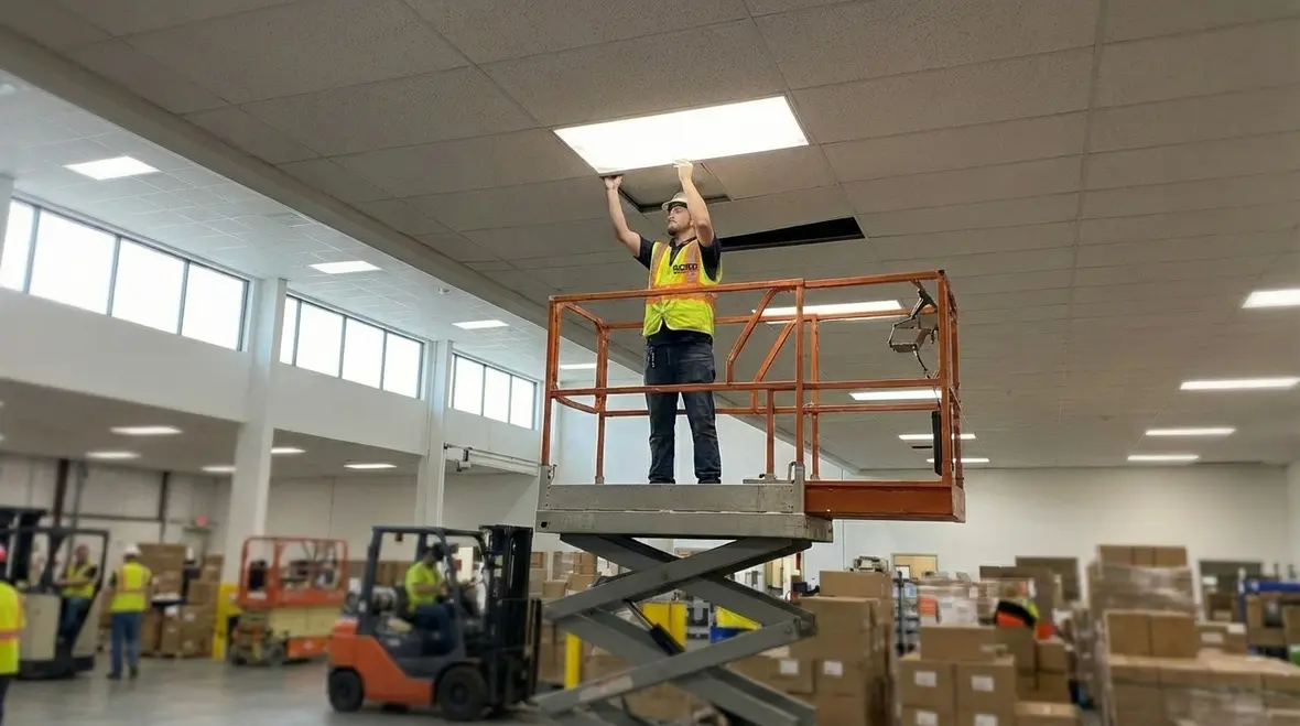Commercial facility with efficient recessed LED lighting reducing energy costs
