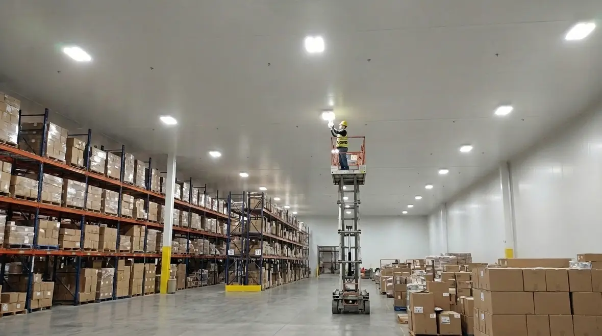 Technician reviewing recessed lighting layout and energy savings with facility manager
