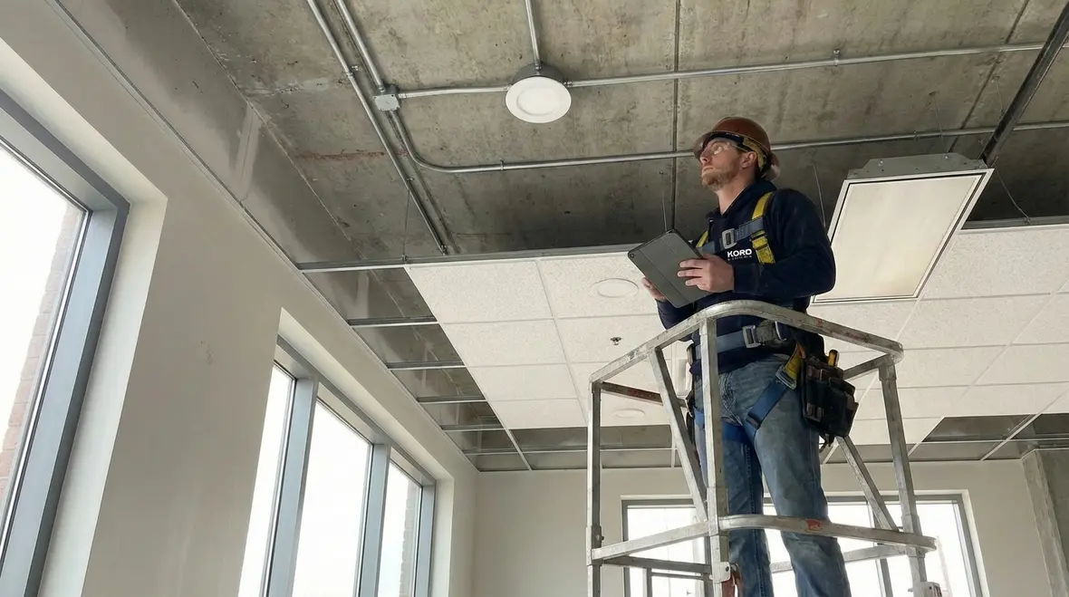 Commercial recessed lighting installed in a modern office ceiling