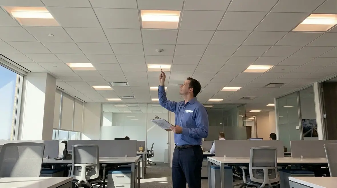 Electricians installing recessed lighting fixtures in a commercial ceiling