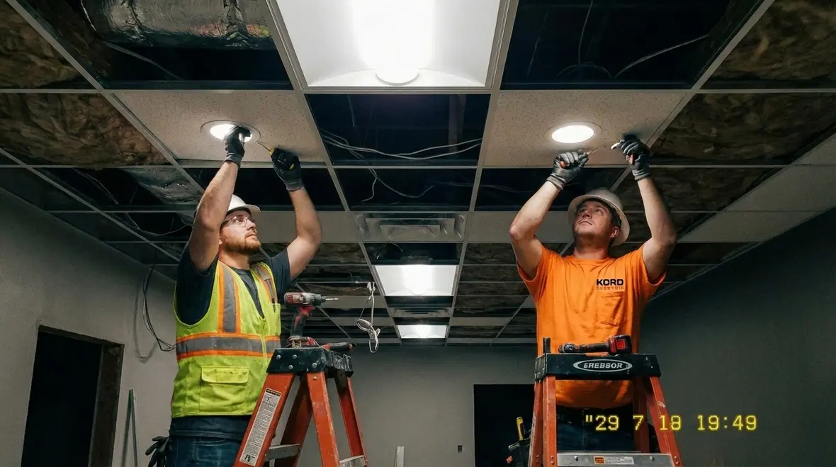 Electricians performing a professional commercial lighting install with recessed fixtures