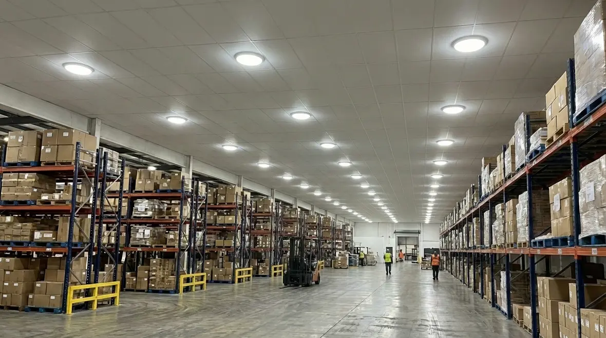 Commercial recessed lights and can lighting installed in modern office ceiling