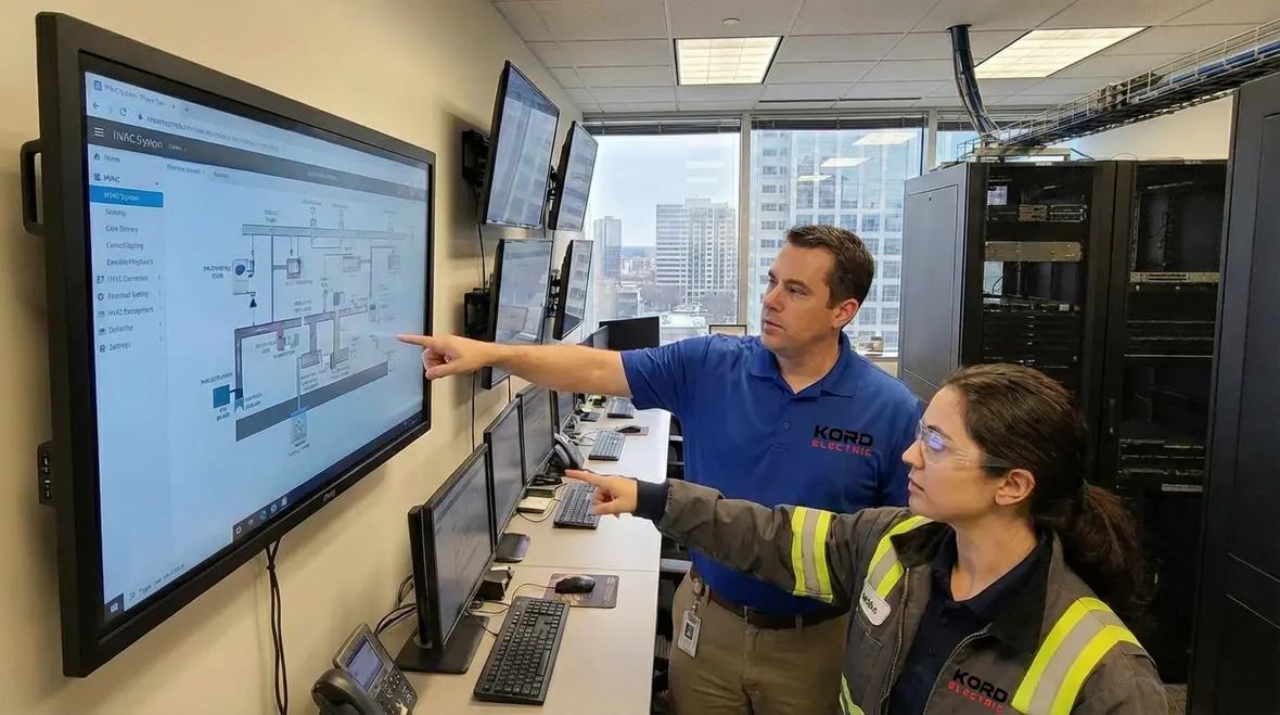Kord Electric commercial lighting technicians reviewing dimmer installation plans