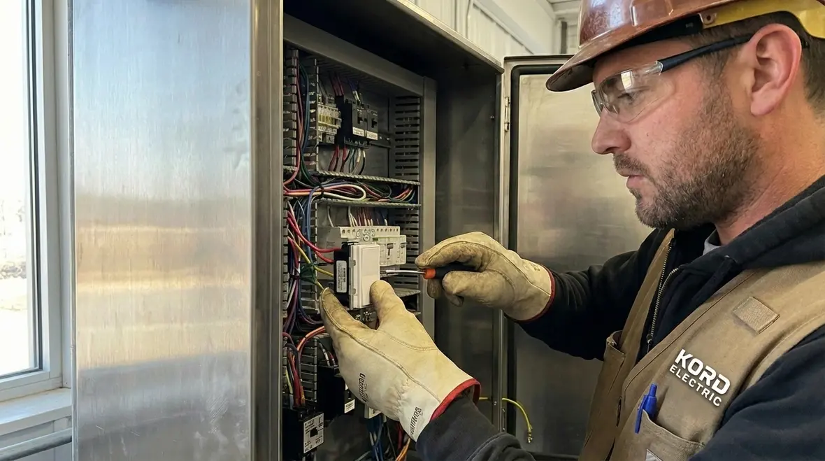 Technician installing commercial dimmer switches in an electrical panel