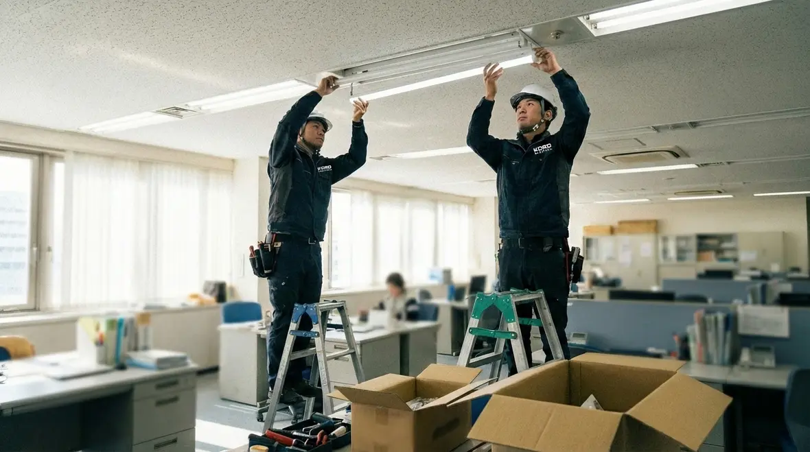 Technician assessing commercial LED retrofit lighting fixtures