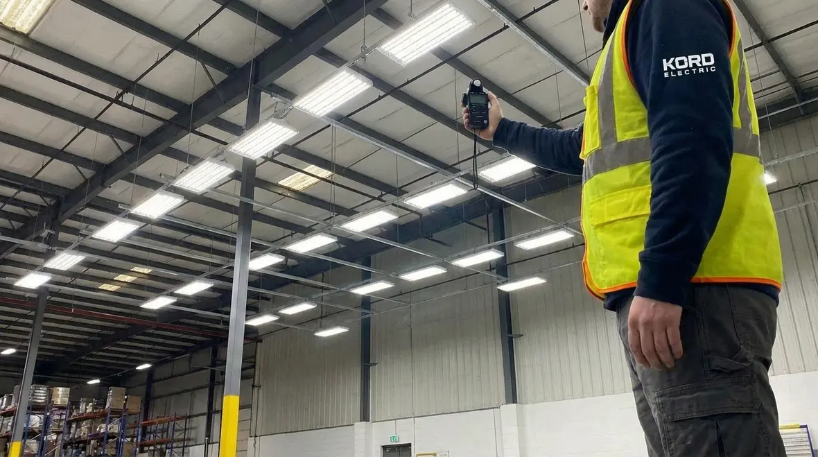 Commercial electricians performing LED retrofit in an industrial building
