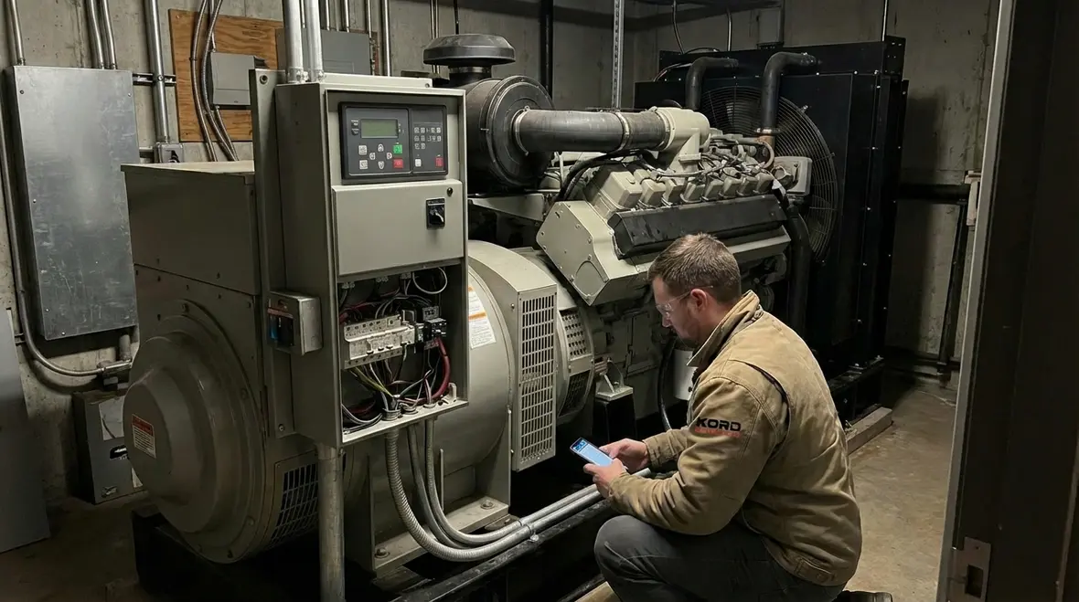 Generator maintenance technician inspecting commercial backup generator