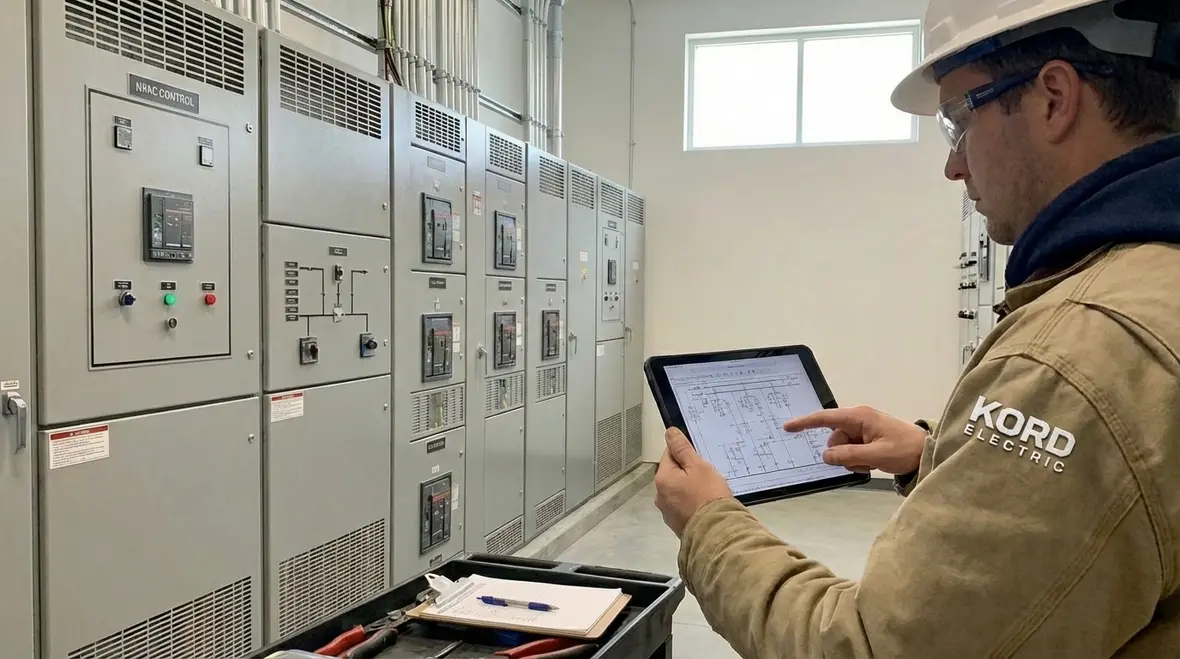 Technician inspecting commercial electrical switchgear under a maintenance agreement