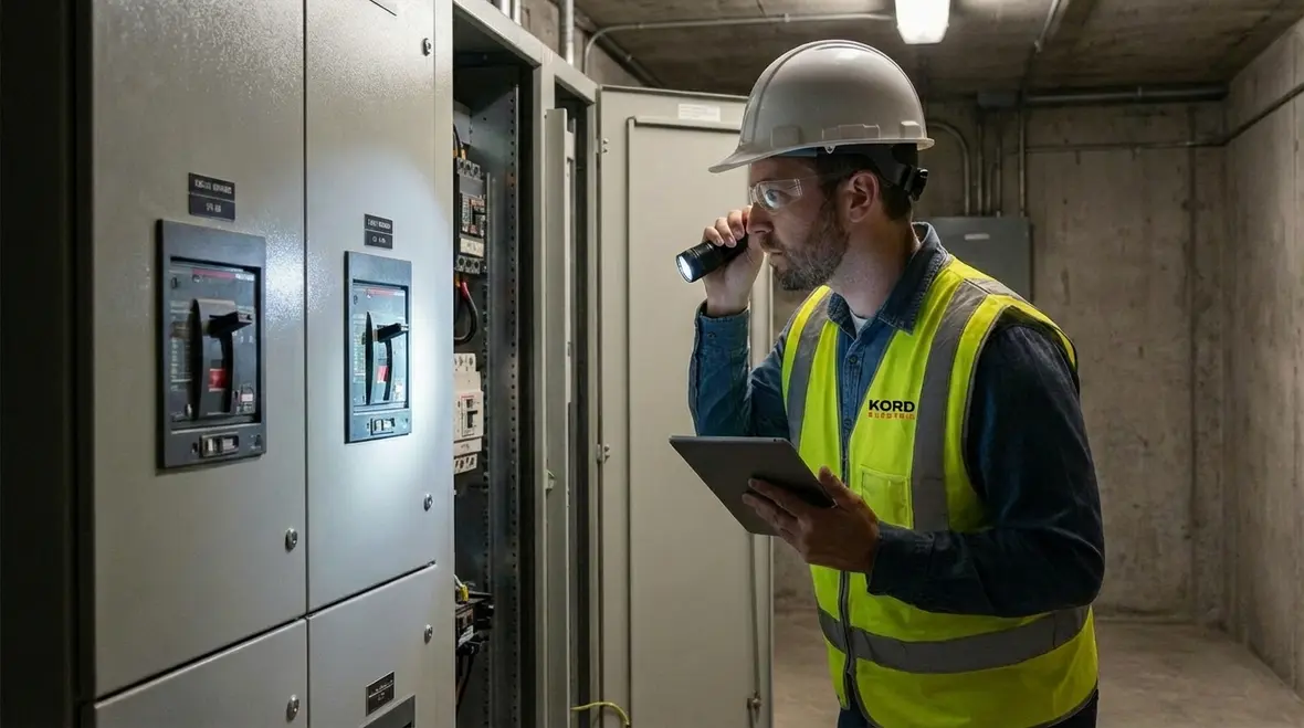 Electricians performing commercial electrical maintenance