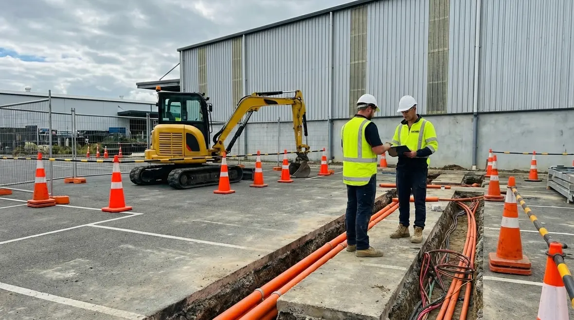 Electricians installing parking lot lighting poles and fixtures