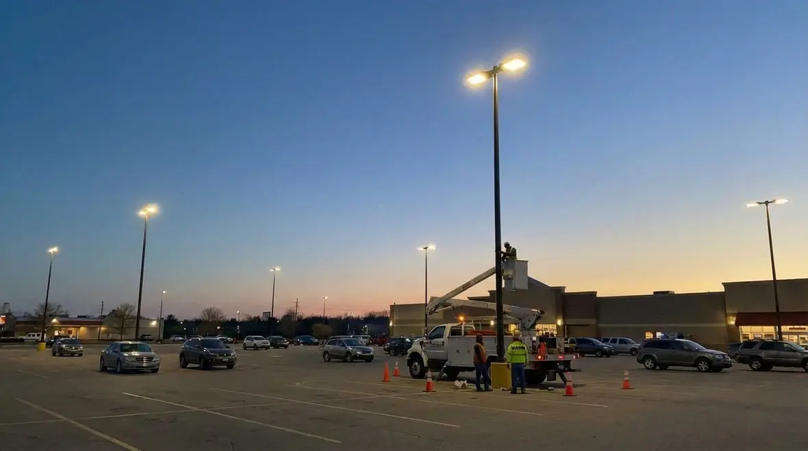 Professional parking lot lighting installation at a commercial property